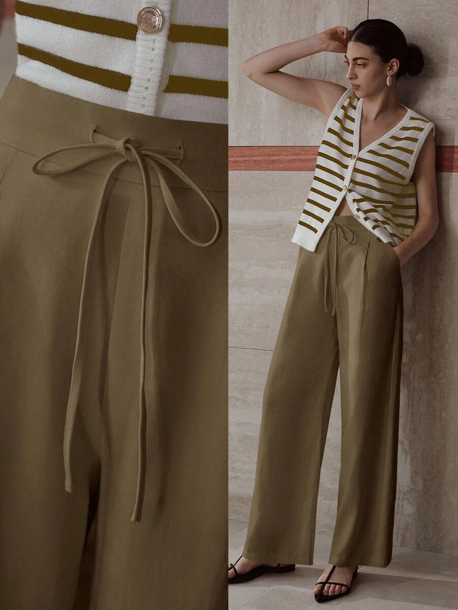 MOTF PREMIUM PANTALONES DE PIERNA ANCHA CON PLIEGUES, BOLSILLOS SESGADOS Y CINTURA CON CORDÓN