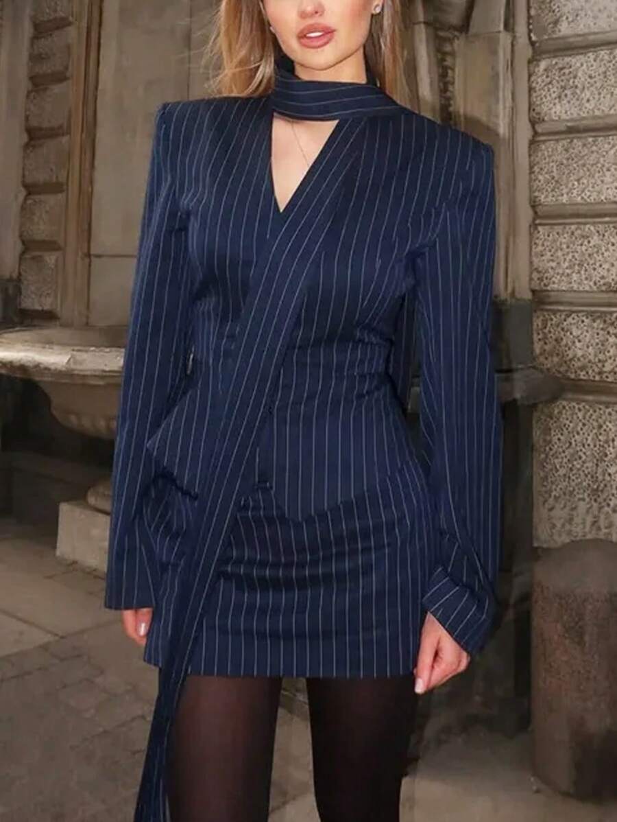 Siren Gaze New Autumn Exquisite Commuter Three-Piece Suit For Women, Navy Blue Stripes Old Money Style Commuter Wear, Office Siren Style, Exquisite And Elegant Suit (With Matching Silk Scarf) Blazer Skirt Set Winter Casual Spring - Blue - View 1