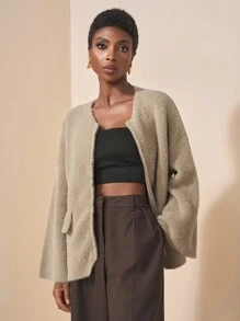 Zivah 2025 秋冬新品优雅派对约会休闲户外家居纯卡其色宽松喇叭长袖拉链女针织开衫 - 卡其色 - 查看 3