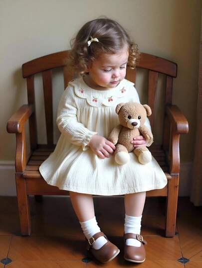 SHEIN Vintaside Kids 婴幼儿女童简约田园樱桃印花刺绣领长袖杏色连衣裙，适合日常穿着，秋季连衣裙