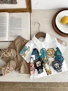 SHEIN 2 件套婴儿男孩/女孩可爱卡通印花短袖衬衫和松紧腰卡其色短裤套装，夏季 - 彩色 - 查看 4