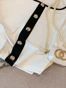 GlowEve 女士时尚简约拼色装饰纽扣吊带背心，适合夏季 - 黑與白 - 查看 7