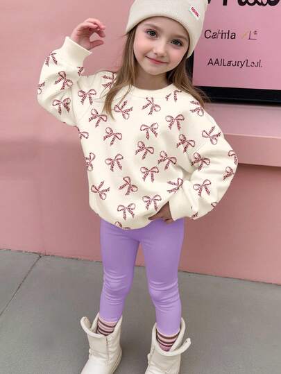 SHEIN 2 件套年轻女孩休闲奶油白色和奶油粉色豹纹蝴蝶结图案圆领长袖运动衫和紧身裤，秋冬装，轻松舒适，秋季分层，时尚，休闲装，儿童图案服装，返校，秋季服装，返校节