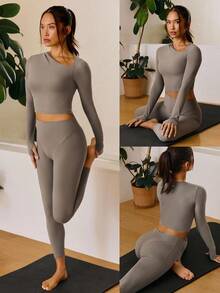 GLOWMODE Áo FeatherFit™ - Chất liệu mềm mại, co giãn, cổ áo bất đối xứng, xếp ly, có lỗ xỏ ngón tay, tay dài, thích hợp cho yoga, pilates, tập luyện, mặc hàng ngày, có mút ngực tháo rời, mùa xuân hè. - màu nâu - Xem 9