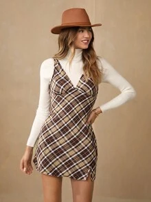 Wildy 格紋印花V領洋裝 - 咖啡棕 - 查看 2