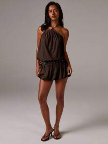 Athîral Váy ngắn hở lưng, cổ yếm tối giản, viền bồng bềnh dành cho nữ kèm quần short tích hợp - màu nâu - Xem 7