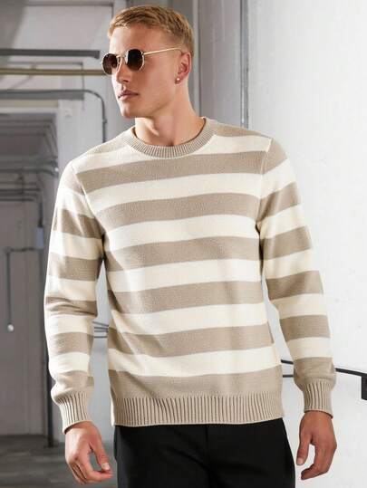 RueChic Men Striped Knit Crew Neck Drop Shoulder Colorblock Sweater