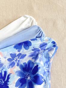 SHEIN Conjunto de 3 piezas con tirantes cómodos y bajo asimétrico para niñas preadolescentes de estilo casual - Azul - Ver 3