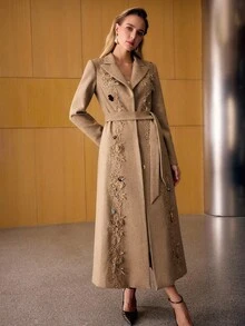 MOTF PREMIUM WOOL APPLIQUES BELTED OVERCOAT - Khaki - View 4