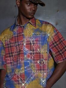 NEON BLANC Men's Tie-Dye Plaid Rhinestone Embellished Denim Shirt, Suitable For Halloween - Red - View 5