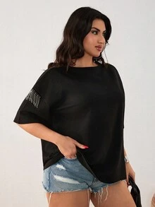 SHEIN Cottnline Cămașă supradimensionată cu detalii pe umeri cu strasuri pentru femei - Negru - Vizualizare 4