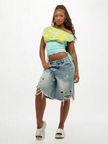 SUMWON WOMEN Off Shoulder Slouchy Graphic Tee Ruched Waist Drawstring Crop Top Casual Summer Festival Party Statement Numbers Design - Blue - View 3