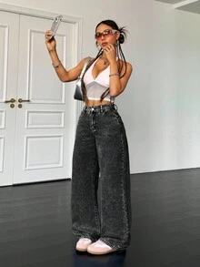 SHEIN PETITE 90年代女款基礎休閒寬鬆藍色牛仔褲 蝴蝶結牛仔褲 返校牛仔褲 韓系時尚 寬鬆女牛仔褲 蝴蝶結牛仔褲 高個女款/嬌小女款 - 黑色 - 查看 6
