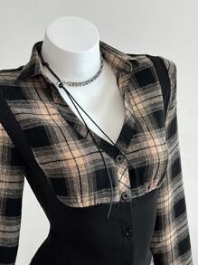 Elamini Women's Autumn/Winter Fashion Plaid Patchwork Contrast Color Waist Shirt Collar Long Sleeve Blouse Fall Cloth For Women - Multicolor - View 6