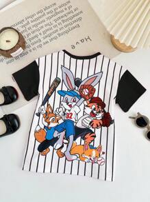 TaviRue Baby Girl Casual Comfy Cute Cartoon Animal Print & Striped Splice Sleeve Short Dress - Multicolor - View 4