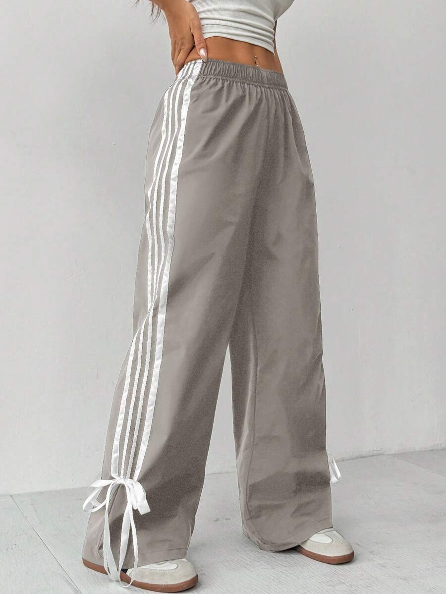 SHEIN PETITE Quần ống rộng lưng thun co giãn sọc hai bên dành cho nữ - Xám - Xem 1