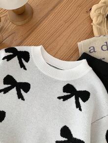 SHEIN Baby Girls Casual Bow Print Sweater & Pants Set,In Fall/Winter