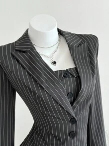 Elamini 2pcs Women's Striped Suit Set With Collared Blazer Jacket And Pleated Dress, Black, Suitable For Commuting, School Style, Back To School Season - Dark Grey - View 5