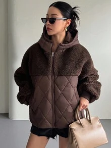 DAZY Women's Autumn/Winter Patchwork Houndstooth Short Lamb Wool Padded Coat Jacket - Brown - View 4