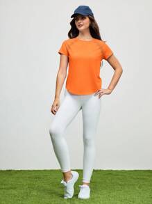 SHEIN Cheerettes Women's Solid Round Neck Orange Raglan Sleeve Casual Workout Short Sleeve T-Shirt Gym Shirts