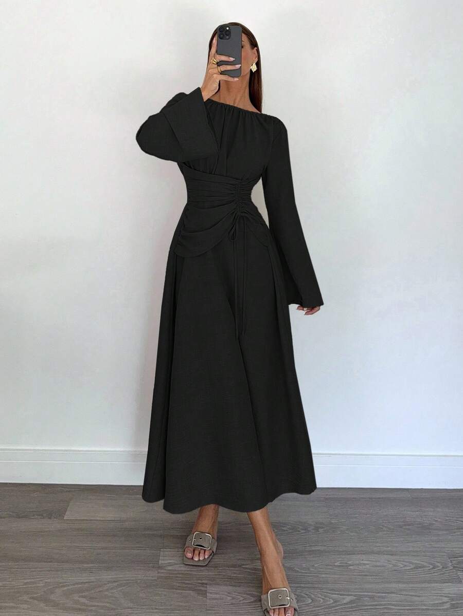 Siren Gaze 女士纯色简约长袖连衣裙，休闲日常穿着 - 黑色 - 查看 1
