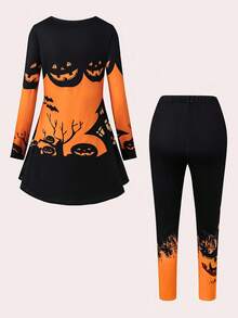 SHEIN LUNE 万圣节南瓜印花长袖上衣和紧身裤套装，女装 - 黑色 - 查看 2