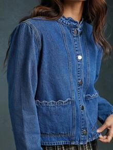 WESTFADE Collared Button Front Scalloped Pocket Long Sleeve Premium 90% Cotton Denim Jacket, Cute Fall Back To School, Casual, Autumn, Winter, Boho, Western Wear For Women, Country Concert - Light Wash - View 4