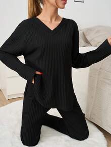 RueChic 2pcs Cotton Button Detail Shirt And Long Bottom Homewear Lounge Set - Brown - View 3