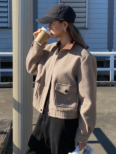 DAZY 女士休闲拼接撞色领夹克秋冬女式外套
