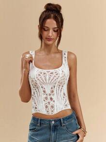 SHEIN BAE Top corto da donna in colore unito, in pizzo idrosolubile, adatto per le vacanze estive - Bianco - Visualizzare 4