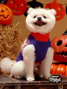 1 件宠物猫狗通用万圣节紫色南瓜几何提花针织高领弹力舒适保暖狗毛衣，PETSIN 原创设计 - 彩色 - 查看 4