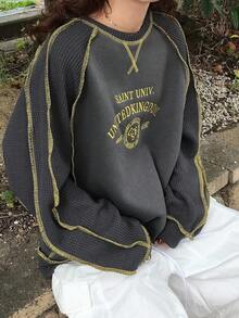 FRIFUL 女士圆领撞色针脚拼布正面字母印花装饰宽松灯笼袖保暖内衬厚款卫衣秋冬 Y2k 卫衣华夫格针织卫衣刺绣卫衣超大码卫衣撞色针脚卫衣 - 灰色 - 查看 4