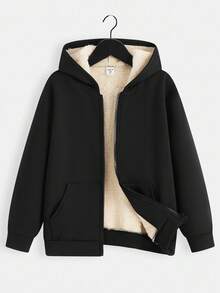 SHEIN Tween Boy's Fashionable & Versatile Thermal Lined Hoodie, Autumn/Winter Fall - Apricot - View 1