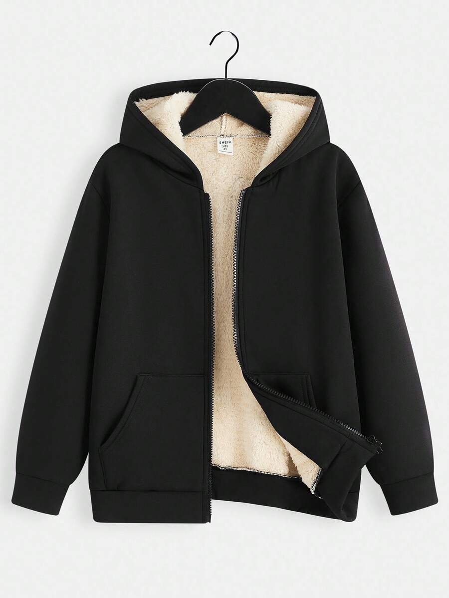 SHEIN Tween Boy's Fashionable & Versatile Thermal Lined Hoodie, Autumn/Winter Fall - Apricot - View 1