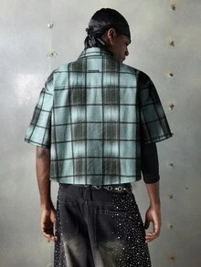 NEON BLANC Men's Short Sleeve Casual Blue Plaid Rhinestone Embellished Shirt, Suitable For Halloween - Blue - View 3