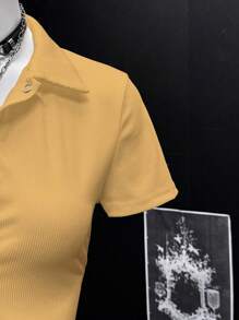 EgrlEra Camiseta de mujer de manga corta con cuello polo de unicolor y sexy - amarillo ganso - Ver 4