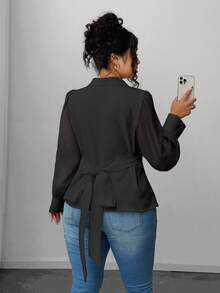 Elenzga Blusa de manga larga con escote en V, parches de malla transparente y lazo, de unicolor, para mujer de talla grande, elegante y de uso casual para la oficina