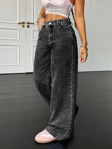 SHEIN PETITE 90年代女款基礎休閒寬鬆藍色牛仔褲 蝴蝶結牛仔褲 返校牛仔褲 韓系時尚 寬鬆女牛仔褲 蝴蝶結牛仔褲 高個女款/嬌小女款 - 黑色 - 查看 5