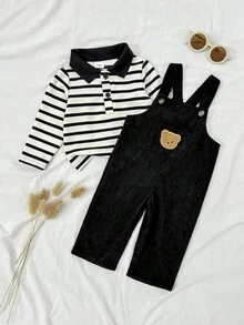 SHEIN Vintaside Kids 2 pièces Ensemble bébé garçon/unisexe 6-36 mois, cardigan en tricot à col polo rayé et pantalon en velours côtelé noir avec ours brodé. Convient pour les sorties et le port quotidien décontracté. Ensemble bébé garçon à manches longues rayé, combinaison bébé garçon noir et blanc, tenue bébé garçon en velours côtelé noir, ensembles décontractés bébé garçon, vêtements bébé garçon, ensembles de vêtements bébé garçon, tenue bébé d'automne unisexe, salopette bébé garçon, tenues bébé unisexes pour l'automne, vêtements garçon 12 mois - Multicolore - Voir 3