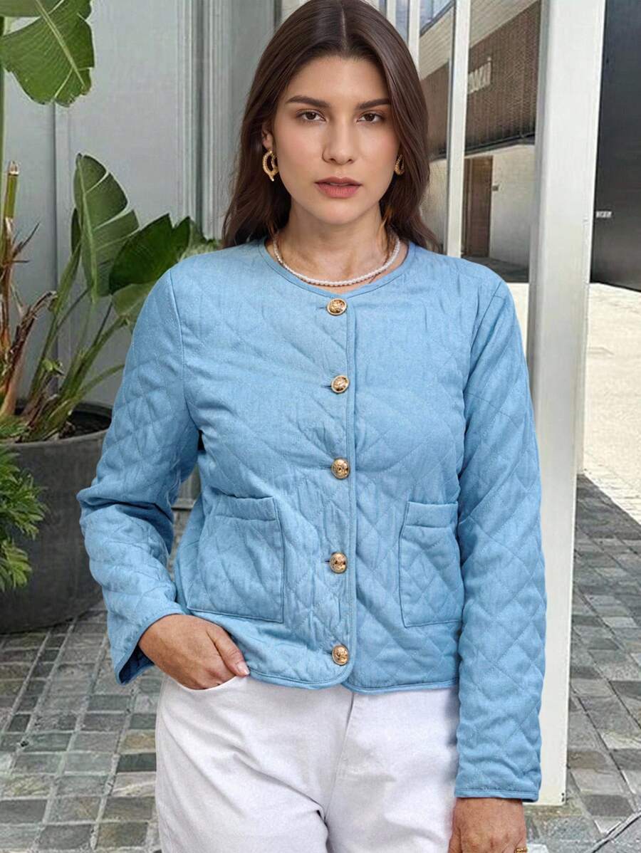 SHEIN LUNE Christmas Clothes Women 1pc Women Plain Front Button With Pockets Long Sleeve Padded Coat, Winter