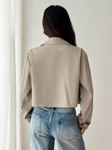 SHEIN PETITE 女款卡其色純色雙排扣短版夾克外套 秋季/教師節 辦公商務 經典優雅休閒 - 杏色 - 查看 4