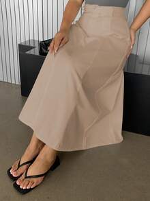 Dazy Plus Plus Size A-Line Loose Long Denim White Skirt Fall/Winter - Khaki - View 1