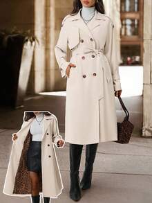 SHEIN Clasi 女式卡其色豹纹腰带收腰休闲外套夹克，秋冬 - 卡其色 - 查看 4