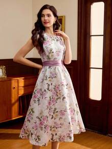 Vintamour Vintage Classic Elegant Party Women's Dress, Autumn/Winter, Fitted Waist Tie Dress, Bowknot Dress, Floral Print Dress, Pink Flared Dress, Sleeveless Dress Autumn Clothes Elegant Women's Dresses