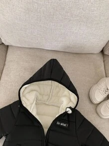 SHEIN Baby Boys Black Winter Thermal Lined Hooded Zip-Up Padded Coat, Casual All-Match Versatile Soft Comfortable Outerwear Suitable For Playing In Snow Fall - Black - View 5