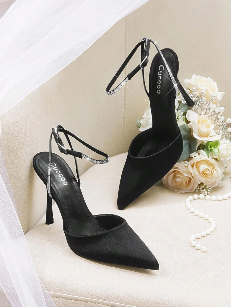 CUCCOO HITCHD Women's New Rhinestone Embellished Ankle Strap High Heel Pumps, Black Color, Sexy & Elegant Minimalist Design, Comfortable For Dresses, Pants, Outings, Parties, Office, Weddings