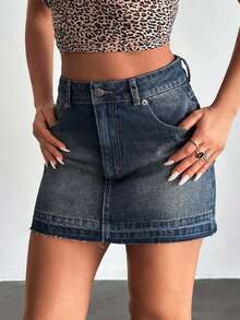 SHEIN Tall TALL Low Waist Y2K Mini Denim Skirt For Women, Summer Denim Mini Skirt Dark Denim Skirt Jean Skirt Mini Skirt - Dark Wash - View 2