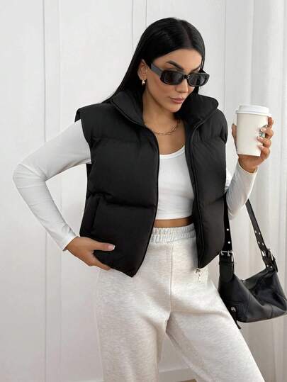 EURMUSE Quilted Puffer Vest With High Collar And Front Zipper, Warm And Stylish Outerwear, Waterproof Fabric Crop Top Jacket Padded Vest Womens Vest Cropped Vest Women Vest Padded Tops Sleeveless Blazer Trending Clothes For Women
