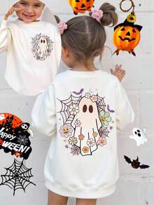 SHEIN 年轻女孩基本款圆领羊毛运动衫，白色星期三亚当斯万圣节冬秋秋季时尚运动衫，适合万圣节派对