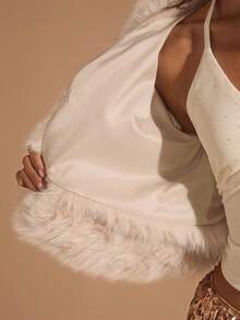 Glamine 时尚仿毛领短款夹克，秋冬 - 杏色 - 查看 4